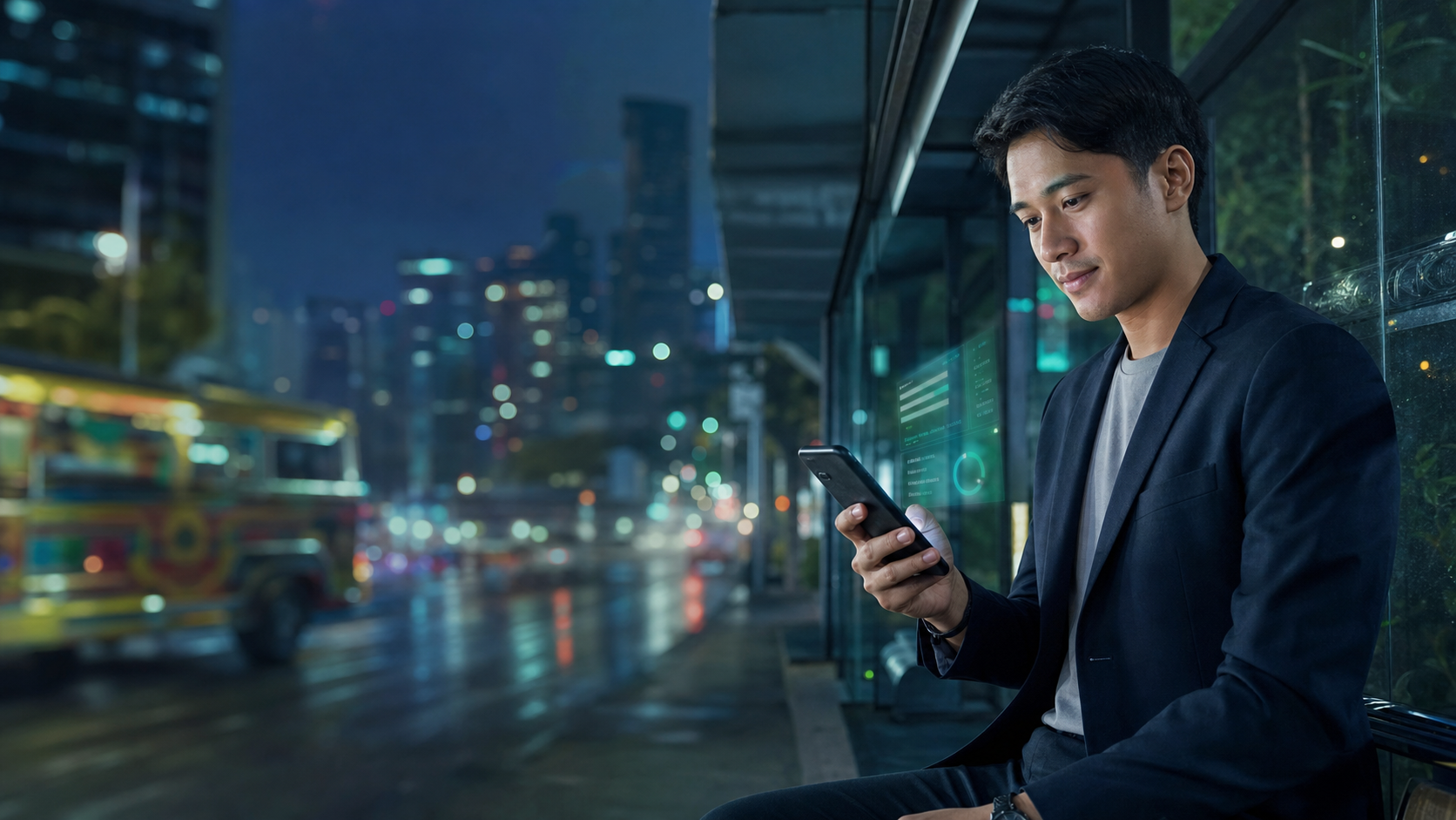 A Filipino borrower checking a phone at night in a modern city setting