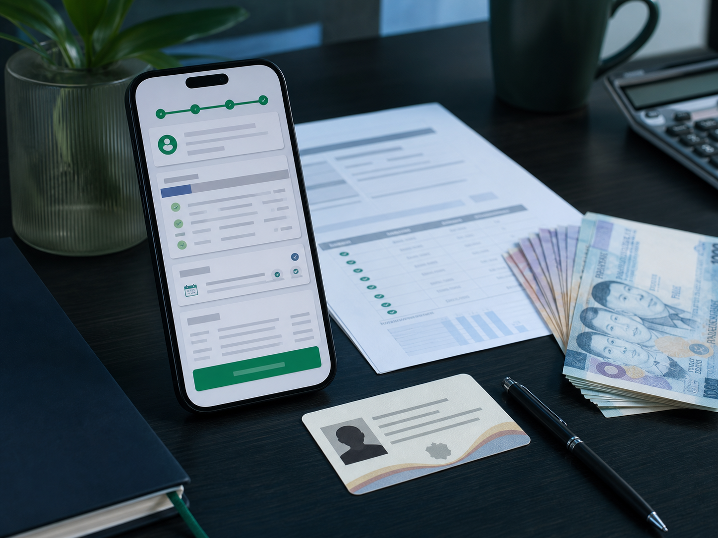 A phone showing a loan application interface beside repayment papers, identification, and Philippine peso cash